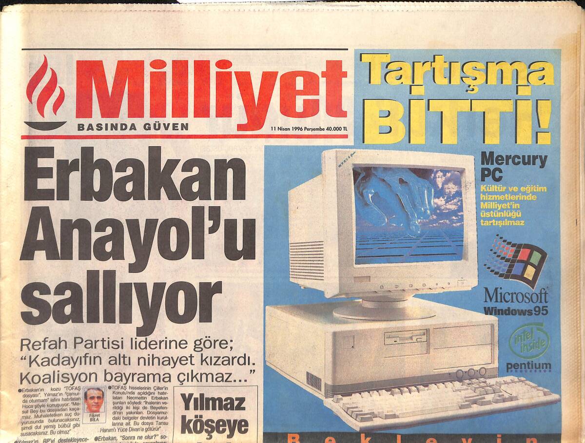 Milliyet Gazetesi 11 Nisan 1996 - Erbakan Anayol'u Sallıyor - Fenerbahçe'de Kupa Yemini GZ132824 - 1