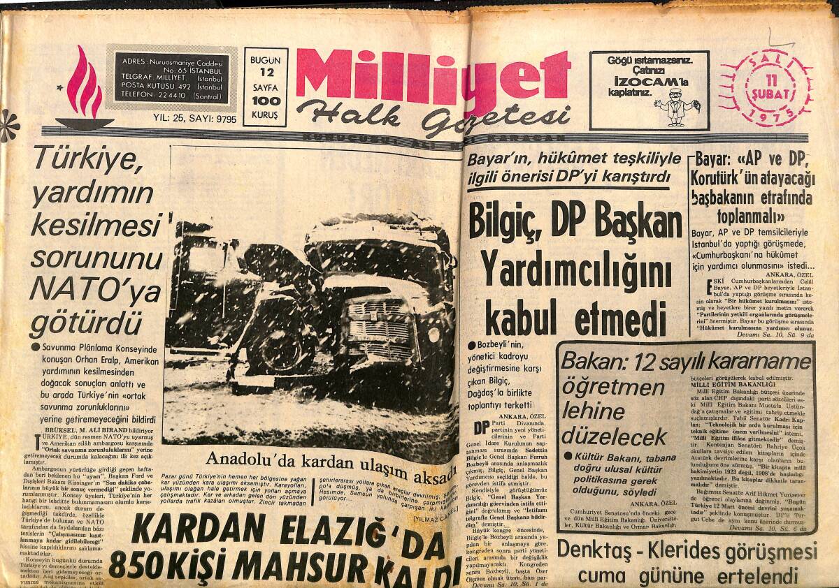 Milliyet Gazetesi 11 Şubat 1975 - Türkiye, Yardımın Kesilmesi Sorununu NATO'ya Götürdü - Giresunlu Güreşçiler Şampiyonalara Hazırlanıyor GZ140066 - 1