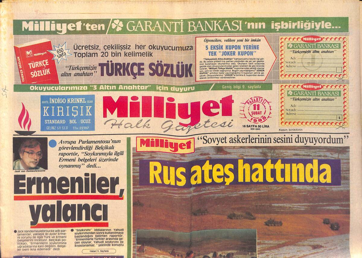 Milliyet Gazetesi 11 Şubat 1985 - Galatasaray Erdal'ı Fatih'i Ve Maçı Kaybetti - Beşiktaş Deplasmanda Mutlu - İstanbul Bankası Müdürü 