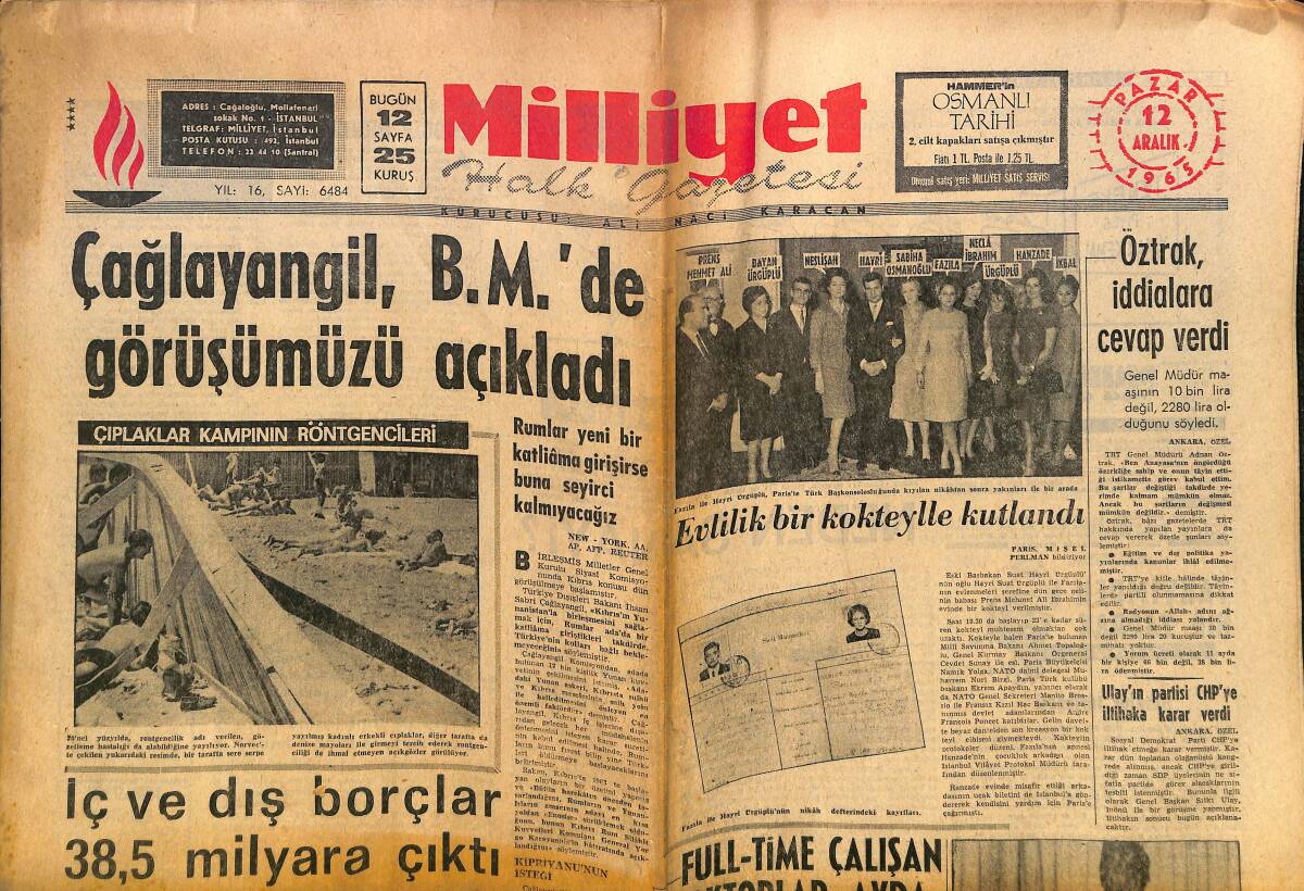 Milliyet Gazetesi 12 Aralık 1965 - Çıplak Garsonlar - Montegomery Clift Yeniden Perdede - Galatasaray D.Spor'u 3-1 Yendi GZ140090 - 1