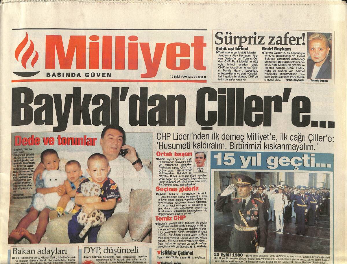 Milliyet Gazetesi 12 Eylül 1995 - Baykal'dan Çiller'e - Zafer Sırası Fener'de GZ157440 - 1