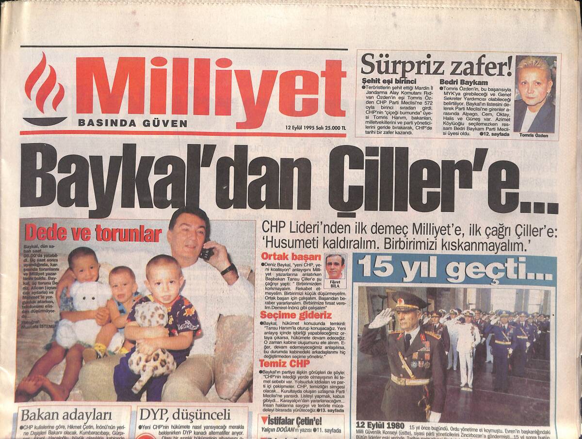 Milliyet Gazetesi 12 Eylül 1995 - Türkmenler Çiller'i Dinlemedi - Zafer Sırası Fenerbahçe'de GZ132632 - 1