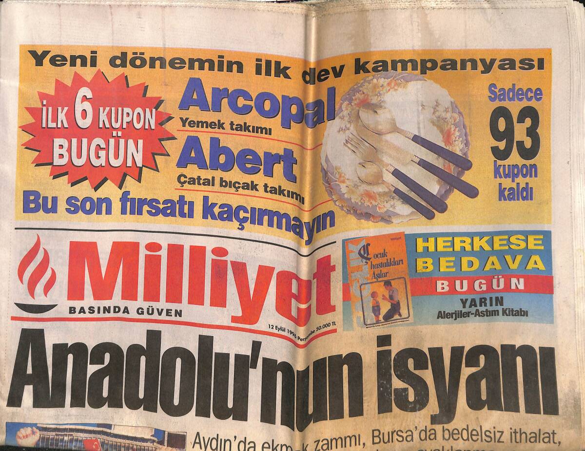 Milliyet Gazetesi 12 Eylül 1996 - Akşener İçin Suç Duyurusu - Apo'dan İki İddia GZ132543 - 1