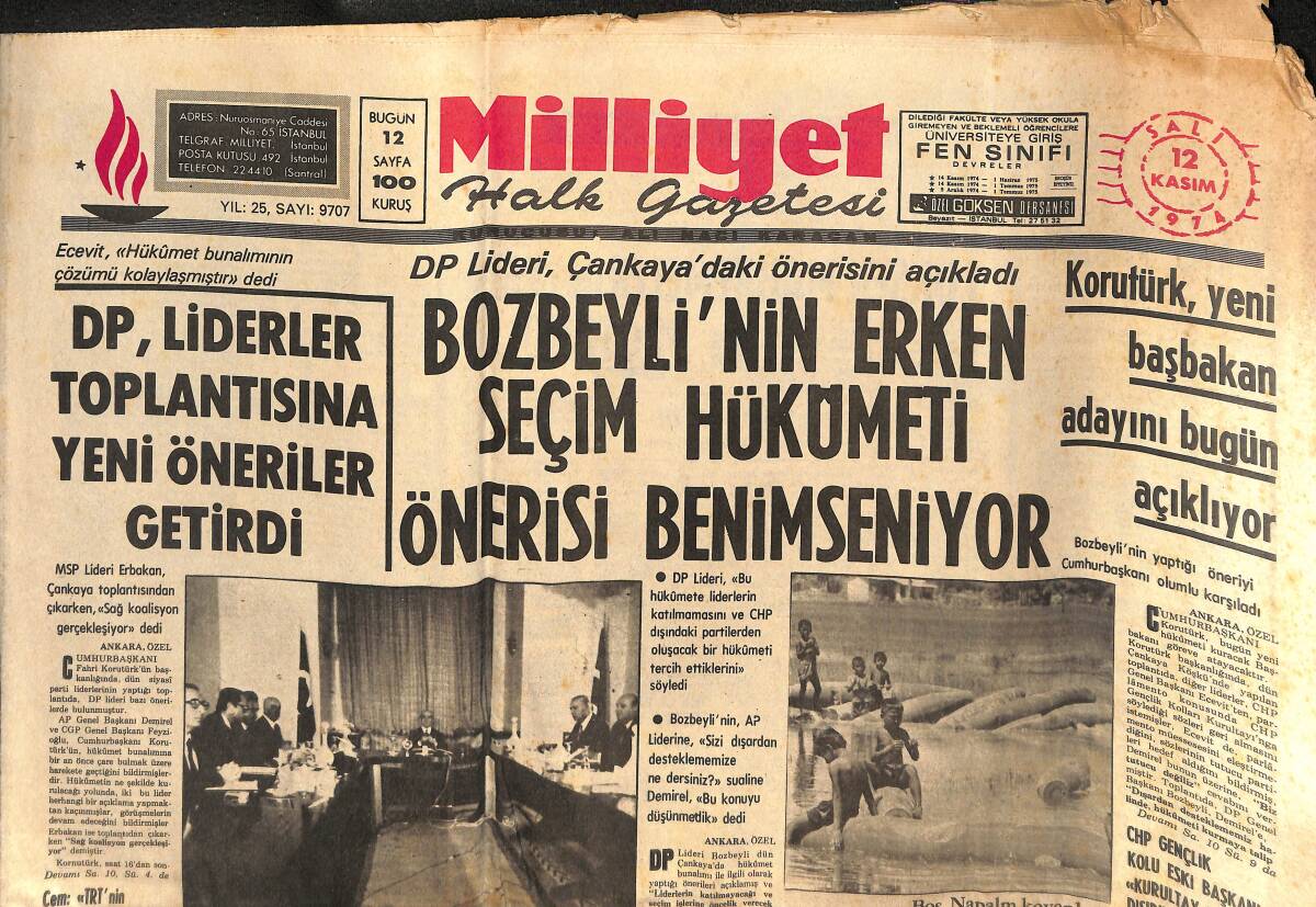 Milliyet Gazetesi 12 Kasım 1974 - Korutürk, Yeni Başbakan Adayını Bugün Açıklıyor - Semra Ak, Baş Hostes Oldu GZ133956 - 1