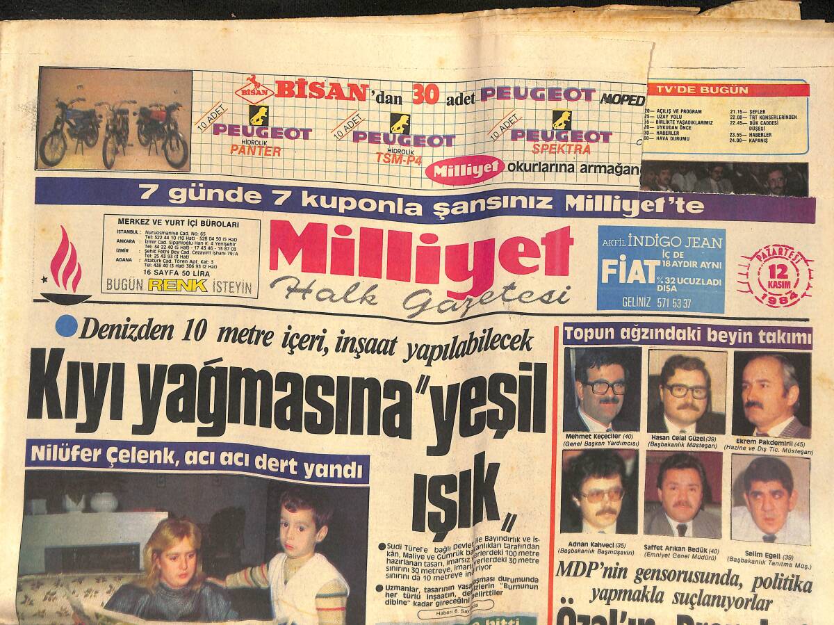 Milliyet Gazetesi 12 Kasım 1984 - Ağca'nın Türkeş'e Mektubu Sahte Çıktı - Kıyı Yağmasına Yeşil Işık GZ132771 - 1