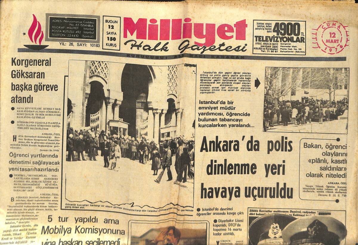 Milliyet Gazetesi 12 Mart 1976 - Ankara'da Polis Dinlenme Yeri Havaya Uçtu - Yasin Özdenak Futbolu Sezon Sonu Bırakıyor GZ134015 - 1