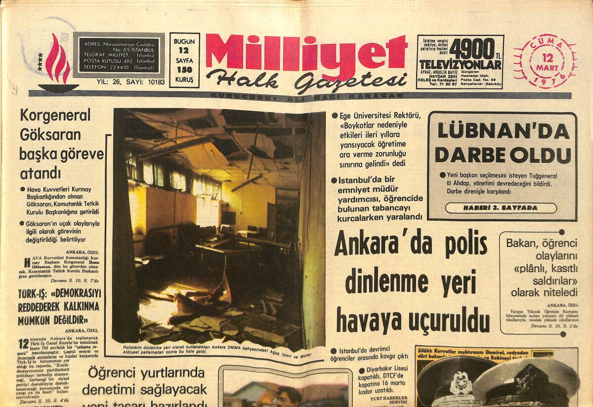 Milliyet Gazetesi 12 Mart 1976 - Fransız Basını Ajda Pekkan'ı Övüyor - Lübnan'da Askeri Darbe Oldu! - Korgeneral Göksaran Başka Göreve Atandı! GZ140148 - 1