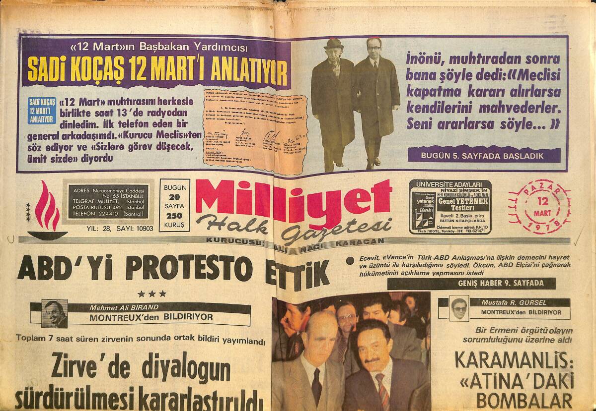 Milliyet Gazetesi 12 Mart 1978 - Türk - Yunan İlişkileri Dün Bugün Ve Yarını - Süleyman Demirel: Hükümet, Anarşi Ve Ekonomi İçin Önlem Alamadı! GZ140138 - 1