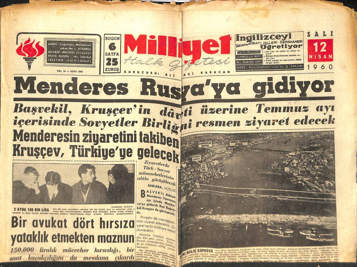 Milliyet Gazetesi 12 Nisan 1960 - Adnan Menderes Rusya'ya Gidiyor - Yunan Hükümeti Muhalefet Partisini Kapatmak İstiyor GZ140350 - 1