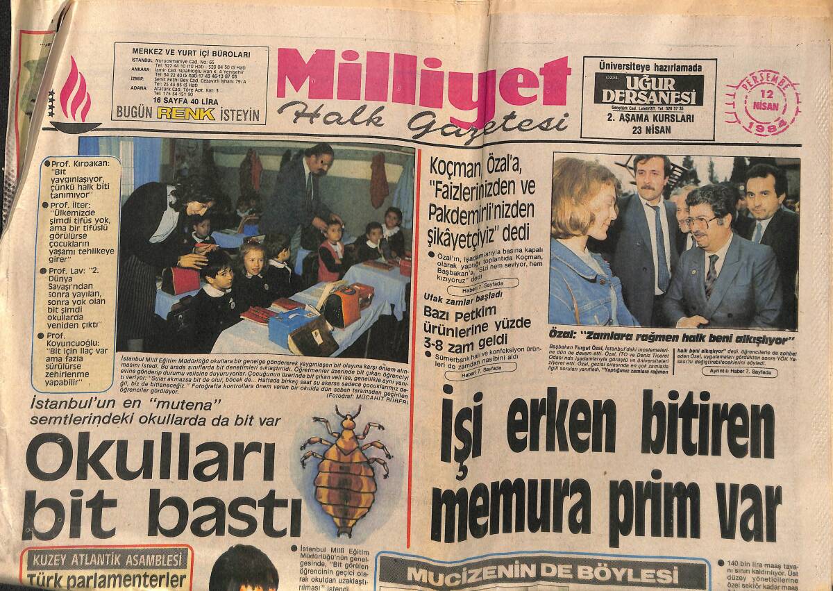Milliyet Gazetesi 12 Nisan 1984 - Koçman,Özal'a Faizlerinizden Ve Pakdemirli'nizden Şikayetçiyiz Dedi - Okulları Bit Bastı GZ149149 - 1