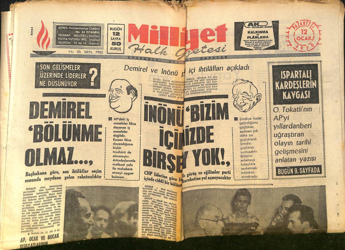Milliyet Gazetesi 12 Ocak 1970 - Celal Bayar: Tabancamı Kaptım... Dört Kurşunum Vardı... - Bülent Ecevit, Alman TV'sinde Konuştu! GZ140182 - 1