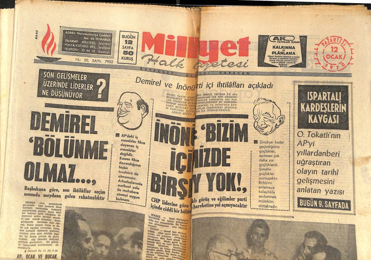 Milliyet Gazetesi 12 Ocak 1970 - Süleyman Demirel: Bölünme Olamaz! - Sadettin Bilgiç: AP Çift Başlı Değildir! GZ140308 - 1