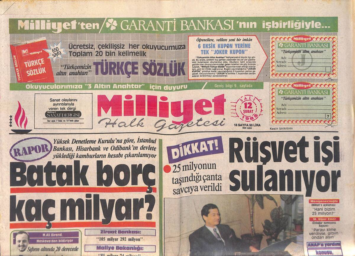 Milliyet Gazetesi 12 Şubat 1985 - Batak Borç Kaç Milyar 