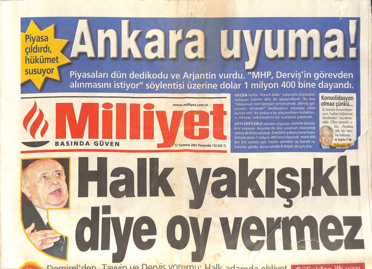 Milliyet Gazetesi 12 Temmuz 2001 - Aslan Değişiyor - Kartal'da Para İsyanı - Tarkan 