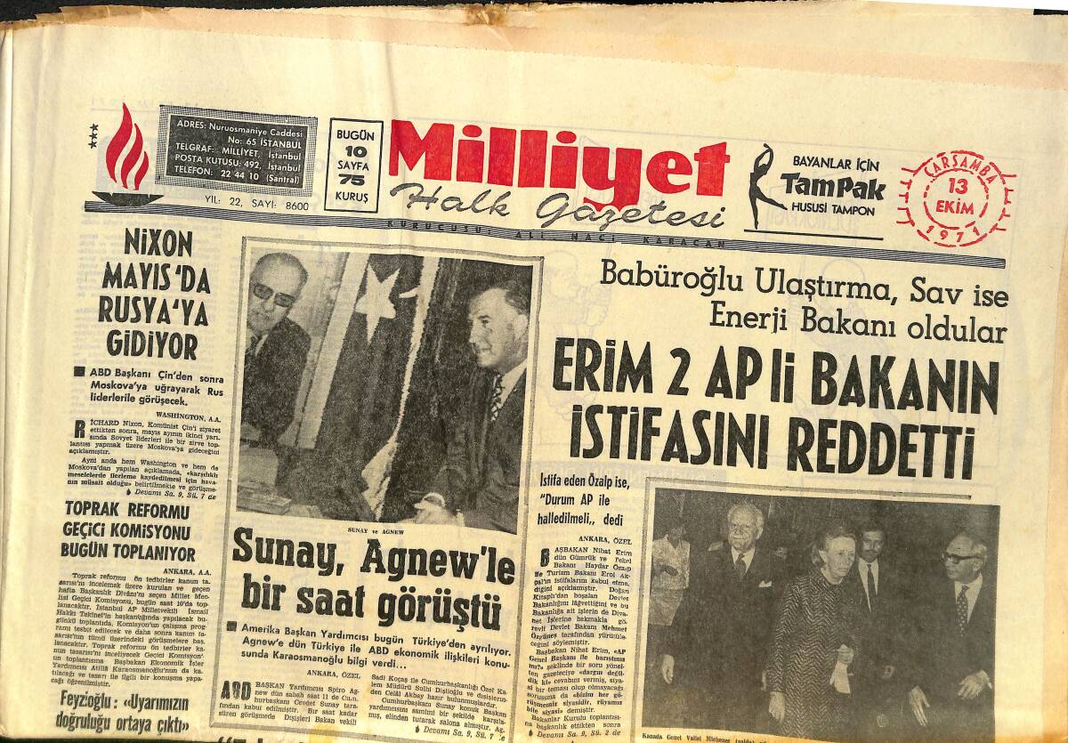 Milliyet Gazetesi 13 Ekim 1971 - Erim İki AP'Lİ Bakanın İstifasını Reddetti - Cevdet Sunay, Agnew'le Bir Saat Görüştü GZ140141 - 1