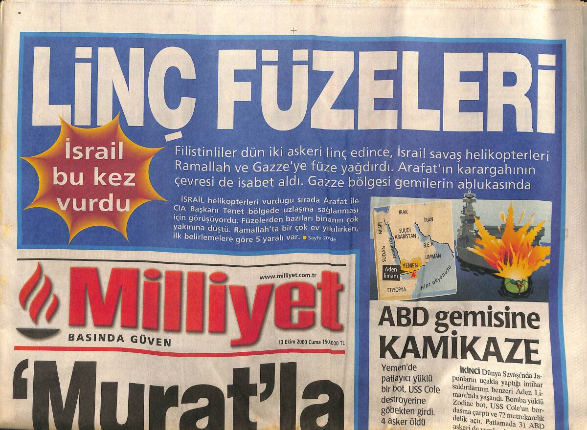 Milliyet Gazetesi 13 Ekim 2000 - ABD Gemisine Kamikaze - İsrail Bu Kez Vurdu GZ157339 - 1