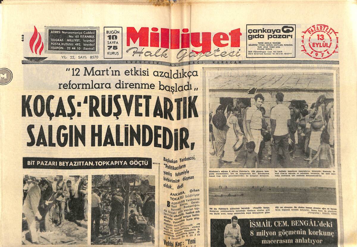 Milliyet Gazetesi 13 Eylül 1971 - Kralın Babası Harem'e Girmek İçin 20 Dakika Sıra Bekledi - Vehbi Koç: Yeni Sanayi Tesisleri Şehirlerden Uzakta GZ140267 - 1