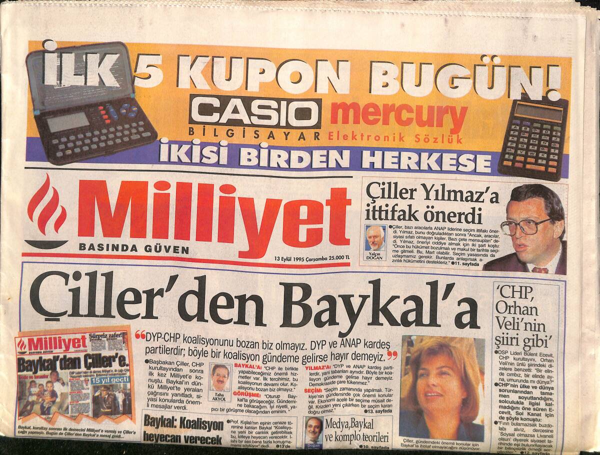Milliyet Gazetesi 13 Eylül 1995 - Çiller Yılmaz'a İttifak Önerdi - Seba, Orhan'ı Uyardı GZ157423 - 1