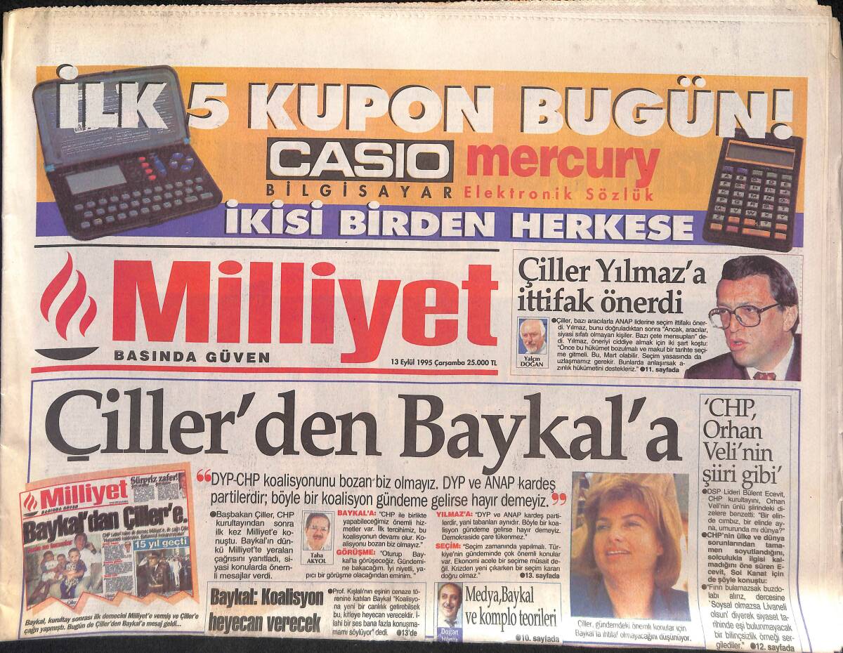 Milliyet Gazetesi 13 Eylül 1995 - Parreira Umutsuz - Çiller'den Baykal'a - Çiller Yılmaz'a İttifak Önerdi GZ132631 - 1
