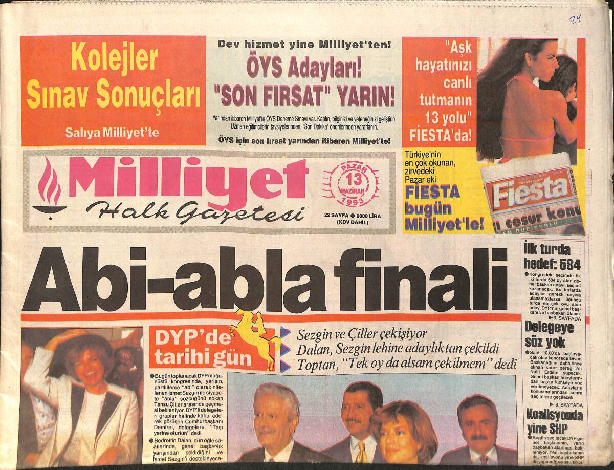 Milliyet Gazetesi 13 Haziran 1993 - Sezgin Ve Çiller Çekişiyor - Ajda İle Kadın Kadına - Seba'dan Gelecek Garantisi - Rıdvan İsyan Etti GZ2383 - 1