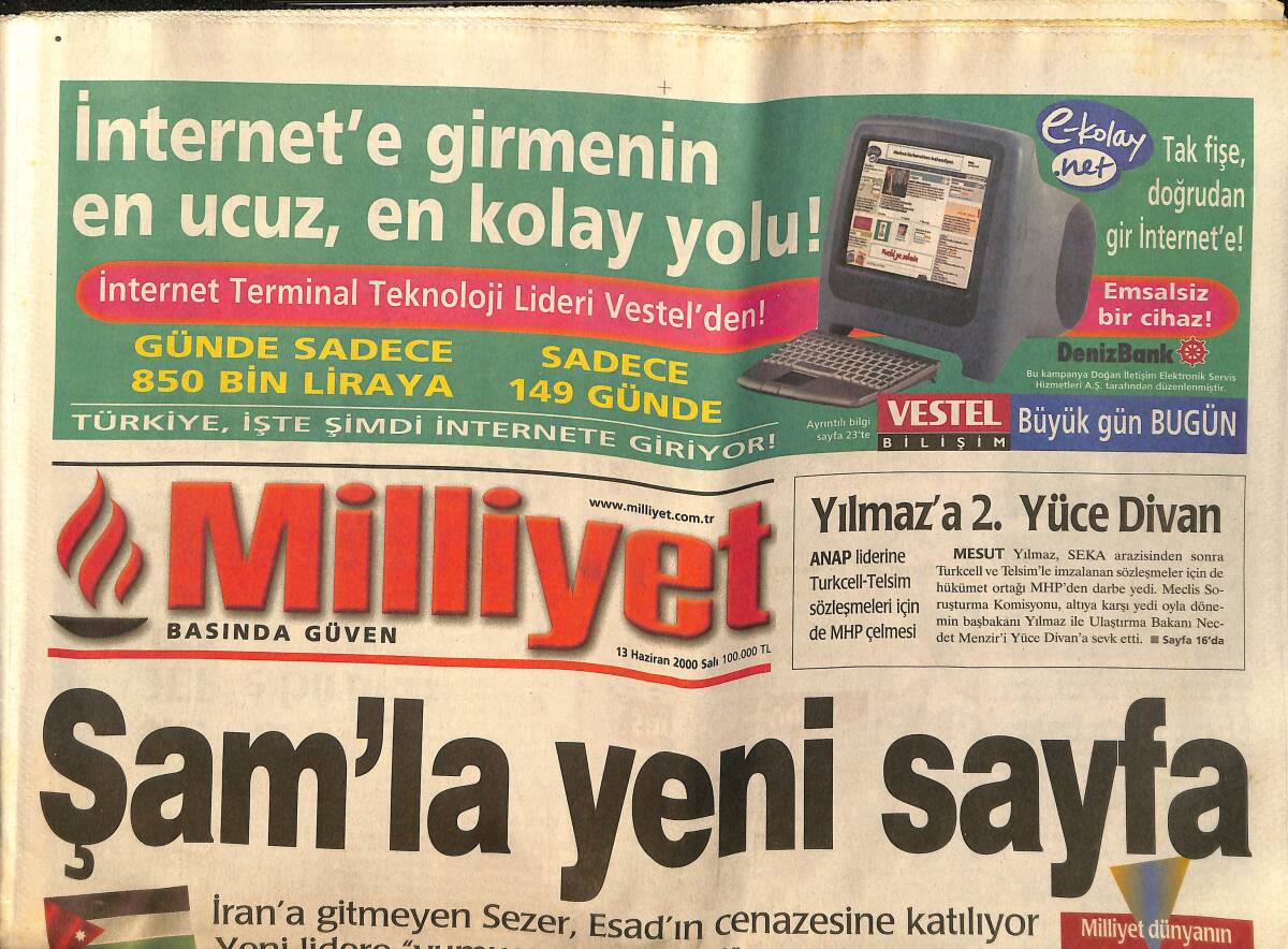 Milliyet Gazetesi 13 Haziran 2000 - Şam'la Yeni Sayfa - Ecevit: Biz Meydanı HADEP'e Bırakmayız GZ157474 - 1