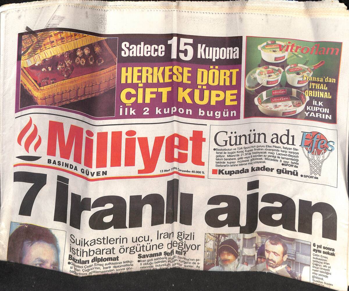 Milliyet Gazetesi 13 Mart 1996 - Anayol'a Güvenoyu - Galatasaray'da Kupaya Servet GZ132861 - 1