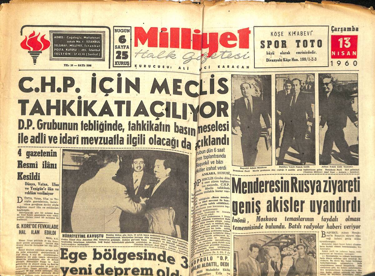 Milliyet Gazetesi 13 Nisan 1960 - CHP İçin Meclis Tahkikatı Açılıyor - Andan Menderes'in Rusya Ziyareti Geniş Akisler Uyandırdı! GZ140351 - 1