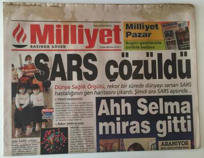 Milliyet Gazetesi - 13 Nisan 2003 - Sars Çözüldü Dünya Sağlık Örgütü Sars Hastalığının Gen Haritasını Çıkardı - GZ43999 - 1