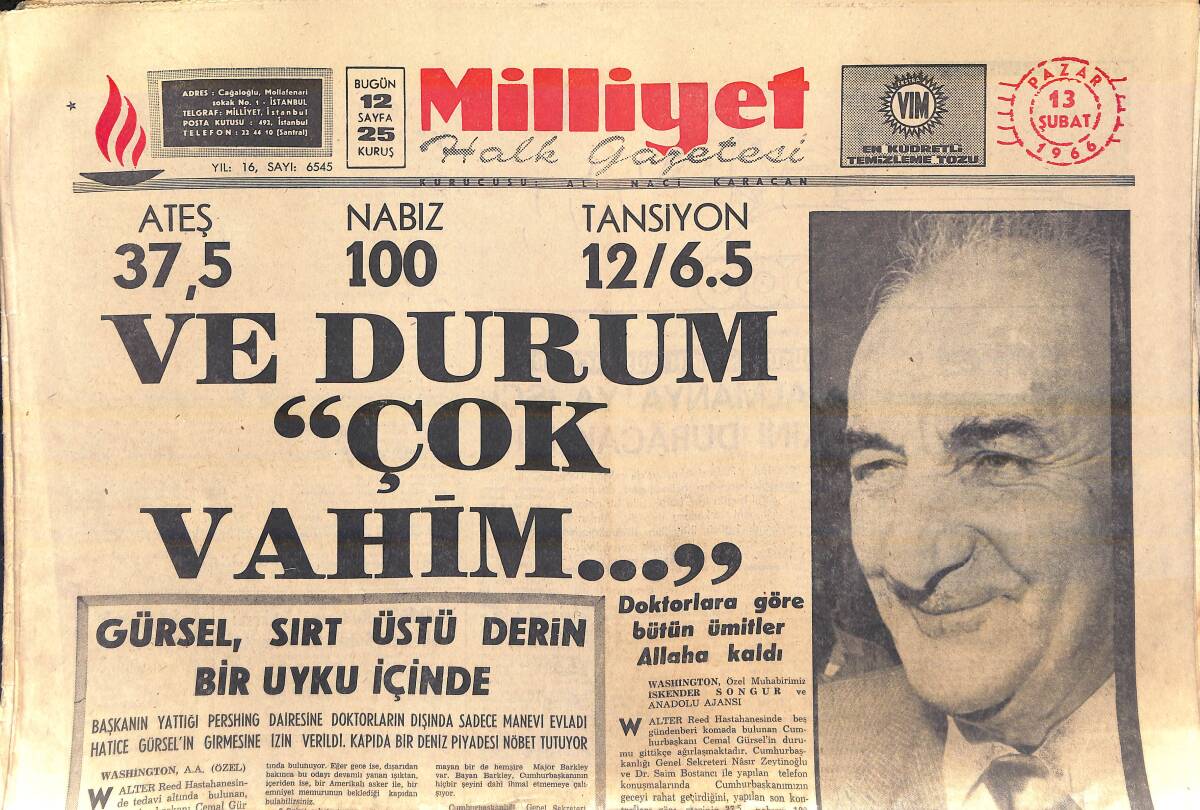 Milliyet Gazetesi 13 Şubat 1966 - Gürsel Sırt Üstü Derin Bir Uyku Halinde - James Bond Dava Konusu Oldu - Kerim Han Ya Evlenecek Ya Da Atılacak GZ157045 - 1
