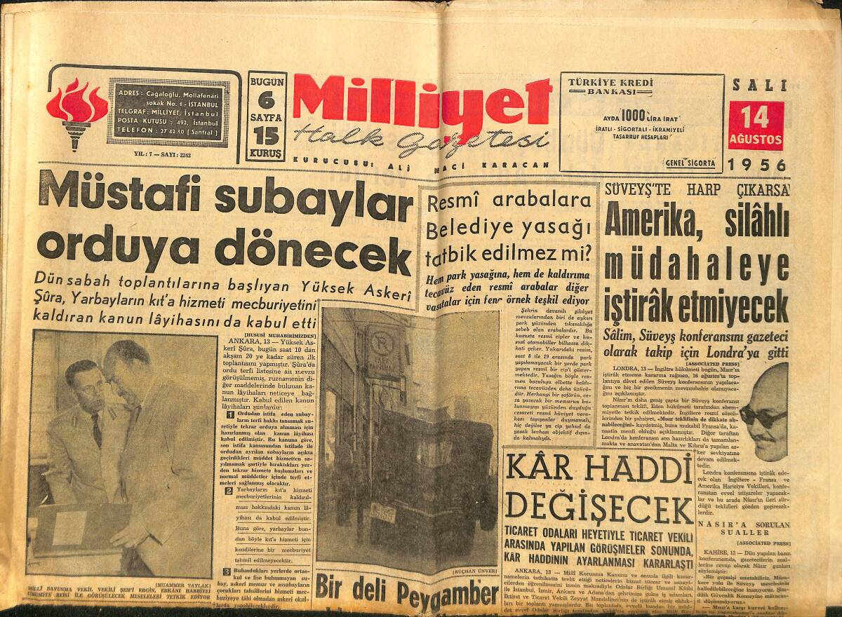 Milliyet Gazetesi 14 Ağustos 1956 - Amerika, Silahlı Müdahaleye İştirak Etmeyecek - Meclis Yarın Çalışmaya Başlıyor! GZ140163 - 1