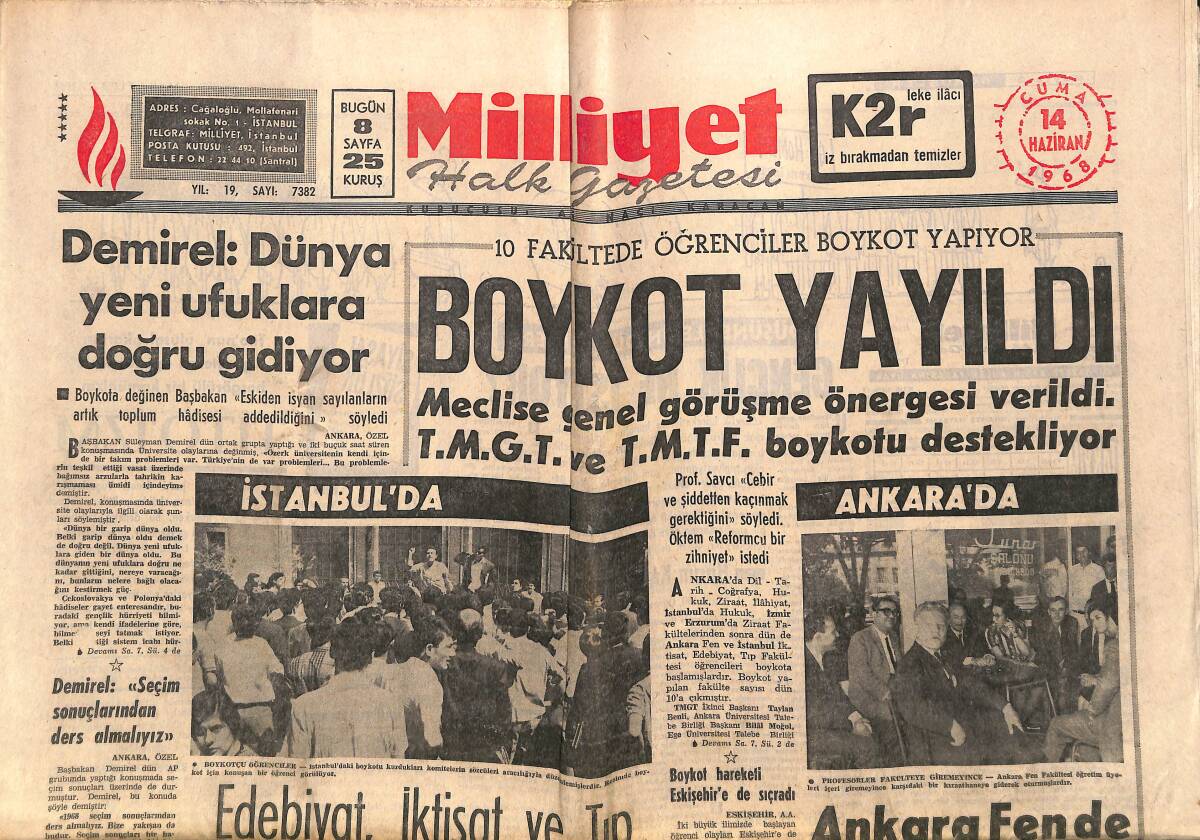 Milliyet Gazetesi 14 Haziran 1968 - Gina Lollabligida, Balo İçin İstanbul'a Geldi - İstanbul'da Edebiyat, İktisat, Tıp Öğrencileri De Boykota Katıldı GZ140082 - 1