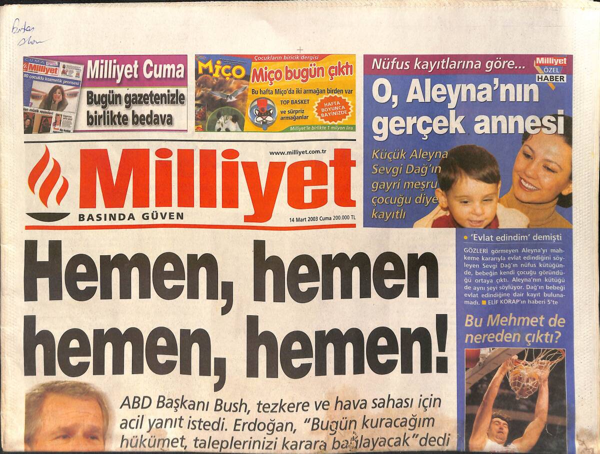 Milliyet Gazetesi 14 Mart 2003 - Kartal'ın Turu İstanbul'da - Akdeniz'de Bekleyiş GZ154103 - 1