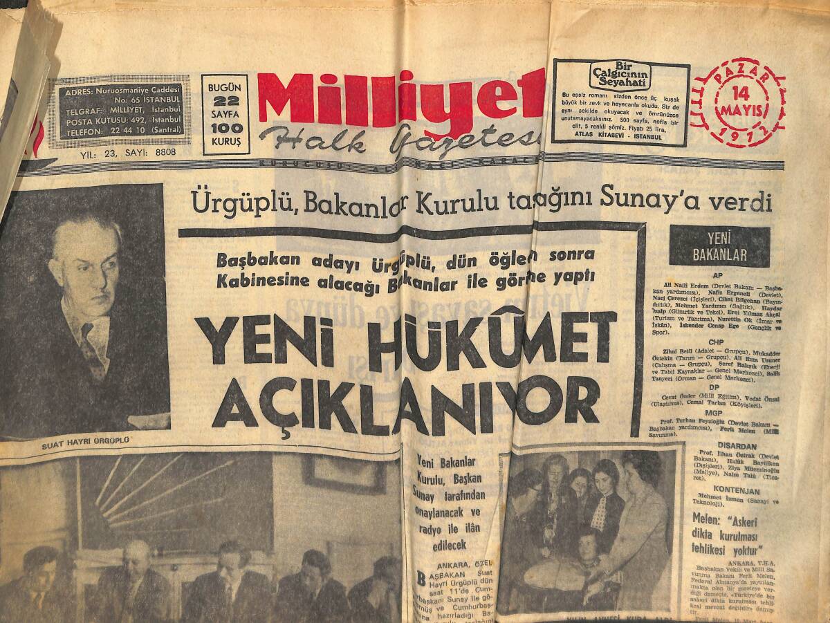 Milliyet Gazetesi 14 Mayıs 1972 - Yeni Hükümet Kuruluyor - CHP'de Yeni Başkan Bugün Seçiliyor GZ133448 - 1