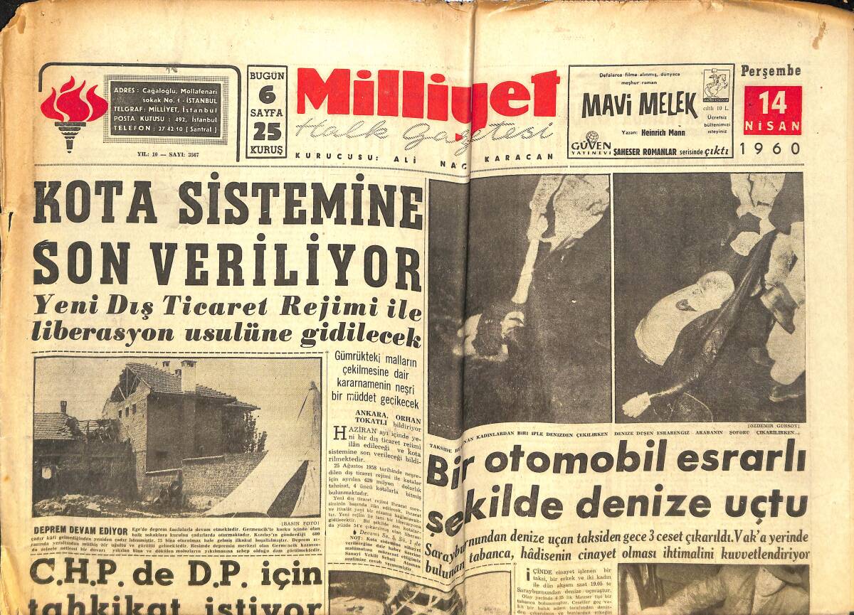 Milliyet Gazetesi 14 Nisan 1960 - Kota Sistemine Son Veriliyor - Bir Milyarderin Torunu Kaçırıldı - Şampiyon Beşiktaş Bayram Yapıyor! GZ140338 - 1