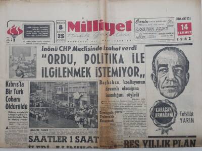 Milliyet Gazetesi - 14 Temmuz 1962 - İnönü Ordu Politika İle İlgilenmek İstemiyor GZ112289 - 1