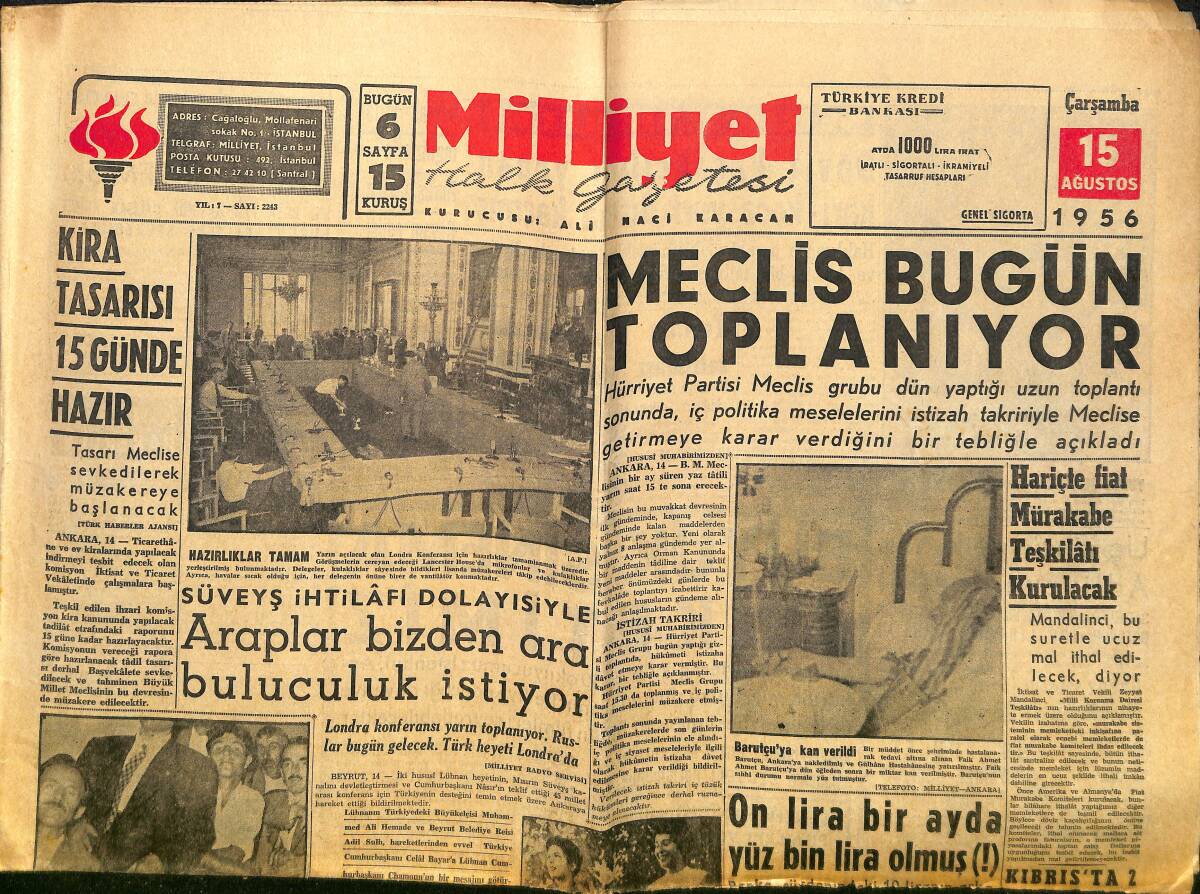Milliyet Gazetesi 15 Ağustos 1956 - Zeki Müren Mahkemede - Amerika'da Büyük Siyasi Maç Chicago'da Başladı! GZ140160 - 1