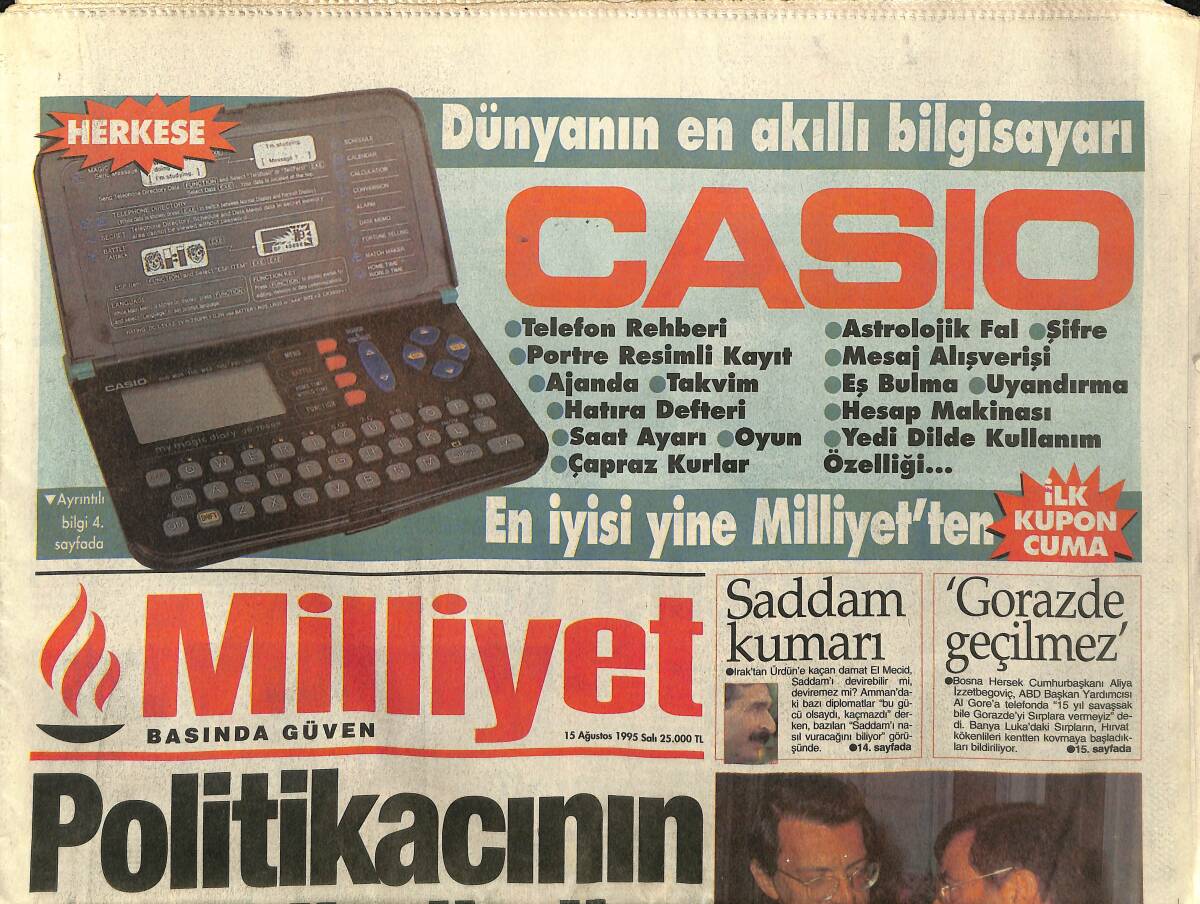 Milliyet Gazetesi 15 Ağustos 1995 - Çiller Hakan'ı Kucakladı - Güneydoğu'da Yeni Dönem GZ157452 - 1