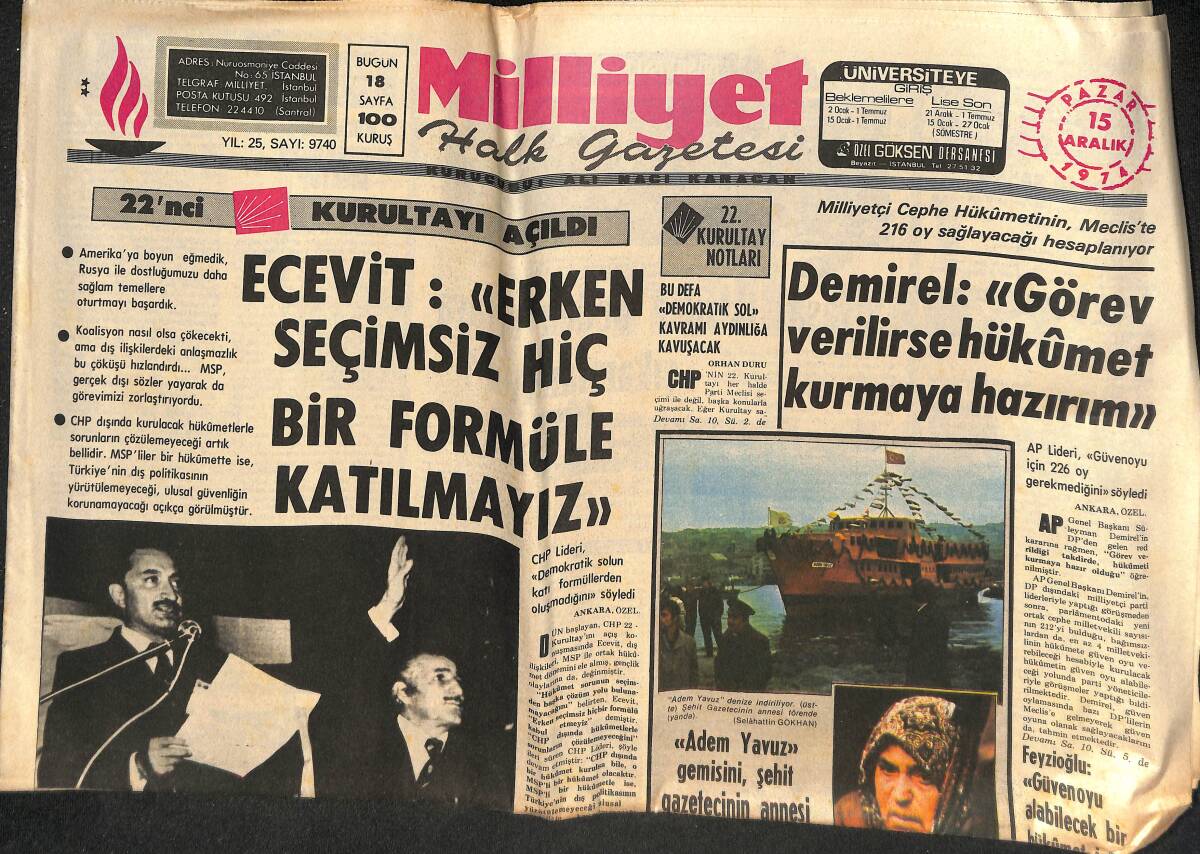 Milliyet Gazetesi 15 Aralık 1974 - Demirel : Görev Verilirse Hükümet Kurmaya Hazırım- Ezeli Rekabetin 50. Yıldönümü, Fenerbahçe, Beşiktaş Karşılaşması GZ133992 - 1