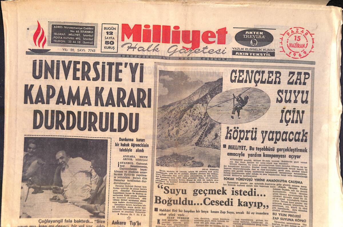 Milliyet Gazetesi 15 Haziran 1969 - Kaloperoviç Can'ı İstiyor - Üniversite'yi Kapama Kararı Durduruldu GZ156840 - 1