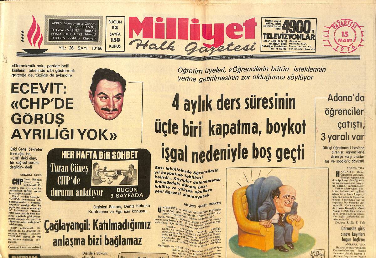 Milliyet Gazetesi 15 Mart 1976 - Bülent Ecevit: CHP'DE Görüş Ayrılığı Yok - Çağlayangil: Katılmadığımız Anlaşma Bizi Bağlamaz! GZ140146 - 1