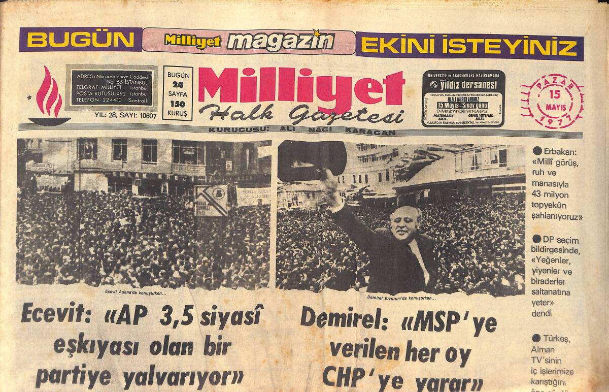 Milliyet Gazetesi 15 Mayıs 1977 - Akgün Erbakan'ın Evi Ve İşyeri Arandı Belgelere El Konuldu -Beşiktaş Ve Galatasaray Karşı Karşıya Derbiye İlgi Büyük GZ132671 - 1