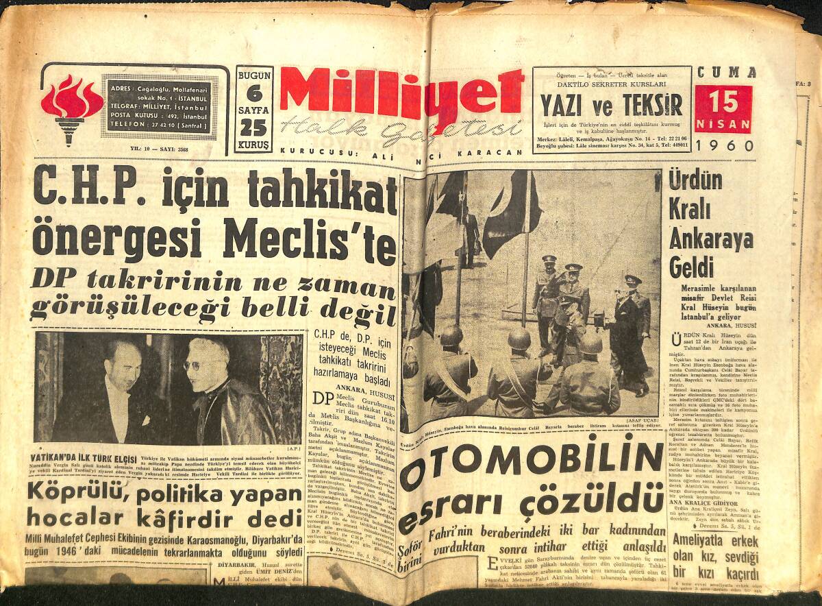 Milliyet Gazetesi 15 Nisan 1960 - CHP İçin Tahkikat Önergesi Meclis'te - Balkan Şehirleri Boks Turnuvası Başlıyor! GZ140337 - 1