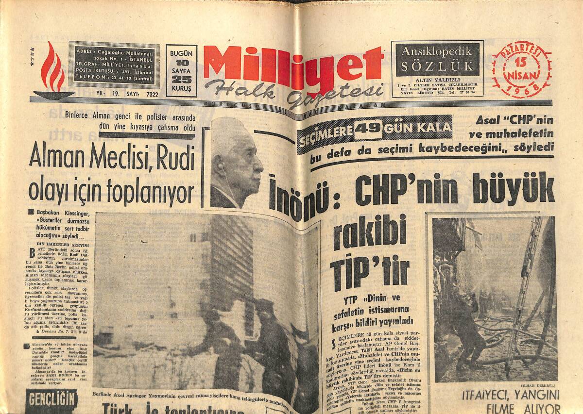 Milliyet Gazetesi 15 Nisan 1968 - Çağlayangil, Dünya İslam Paktı İçin Lüzumsuz Dedi - Türkiye Bilgi Yarışmasını İzmir Hava Lisesi Kazandı GZ143555 - 1