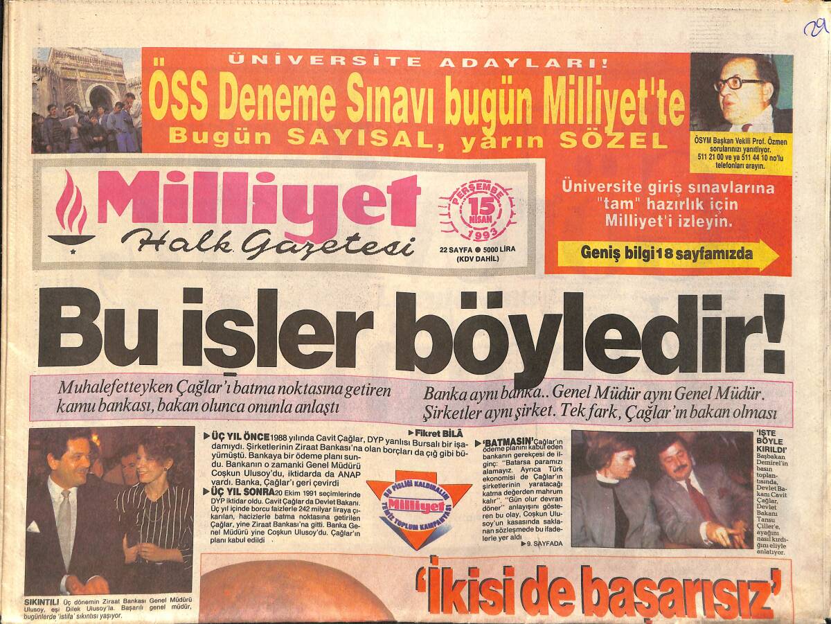Milliyet Gazetesi 15 Nisan 1993 - Beşiktaş Kaptanı Rıza Arkadaşlarına Sahip Çıktı - Sırat Köprüsünde 2 Bakan GZ3160 - 1