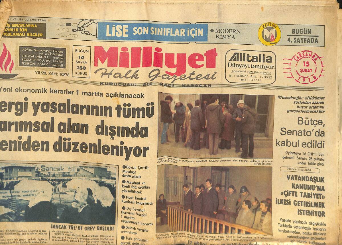 Milliyet Gazetesi 15 Şubat 1978 - Ekonomik Kararlar 1 Martta Açıklanacak - Otobüs Soymak İsteyen 5 Kişi Yakalandı GZ133927 - 1