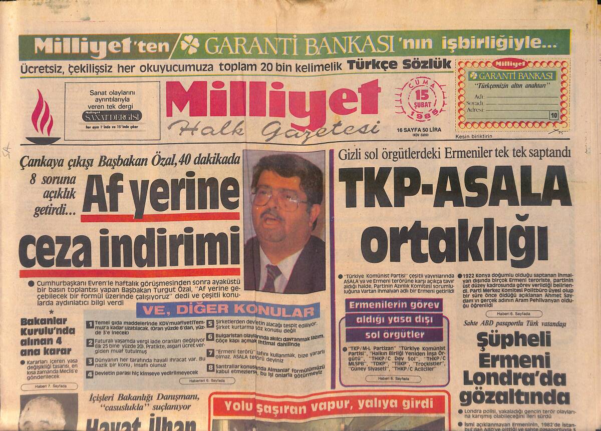 Milliyet Gazetesi 15 Şubat 1985 - Toshiba Televizyon Afişi - Özal'dan Af Yerine Ceza İndirimi - Şüpheli Ermeni Londra'da Yakalandı GZ155882 - 1