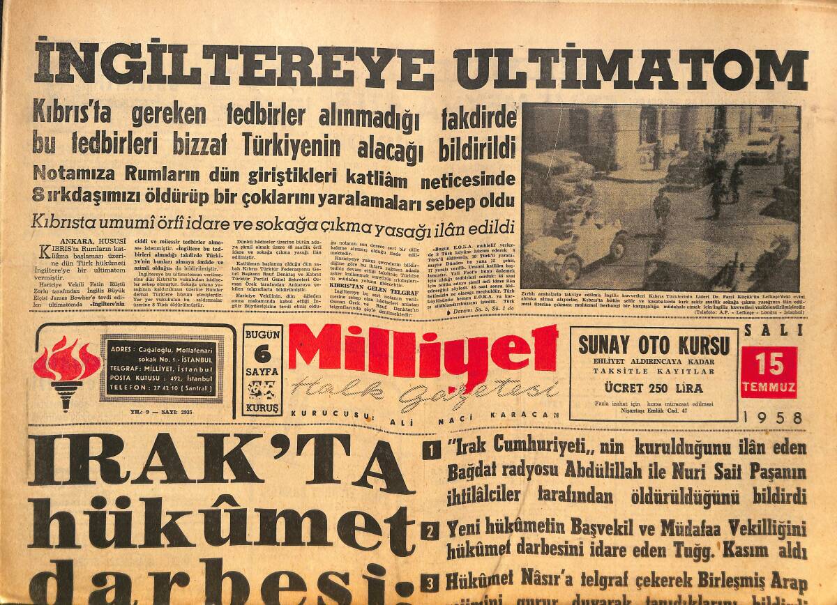 Milliyet Gazetesi 15 Temmuz 1958 - Irak'ta Hükümet Darbesi - İngiltere'te Ultimatom - Piyasada Futbolcu Yok! GZ140117 - 1