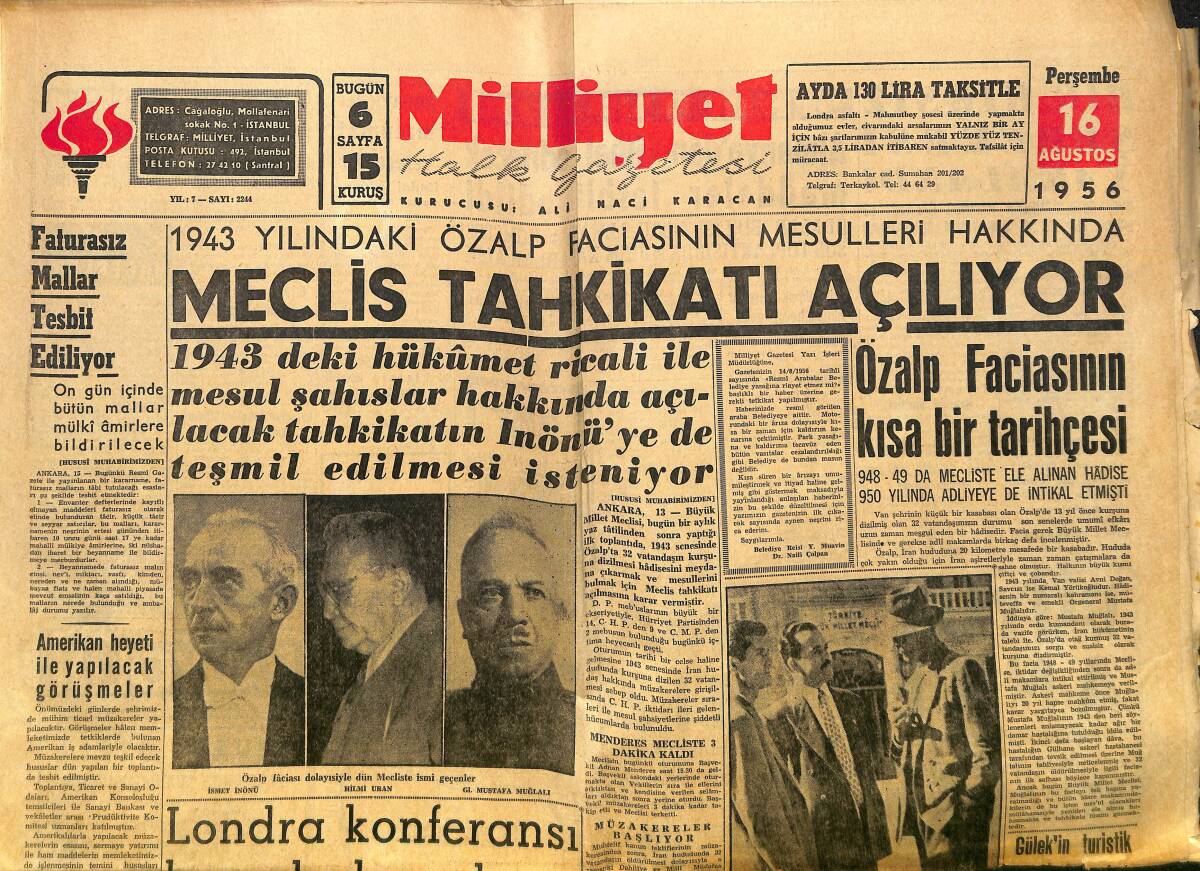 Milliyet Gazetesi 16 Ağustos 1956 - Özalp Faciasının Kısa Bir Tarihcesi - Şirzat Dün Resmen Fenerbahçeli Oldu GZ140159 - 1