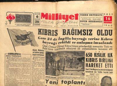 Milliyet Gazetesi - 16 Ağustos 1960 - Kıbrıs Bağımsız Oldu GZ110928 - 1