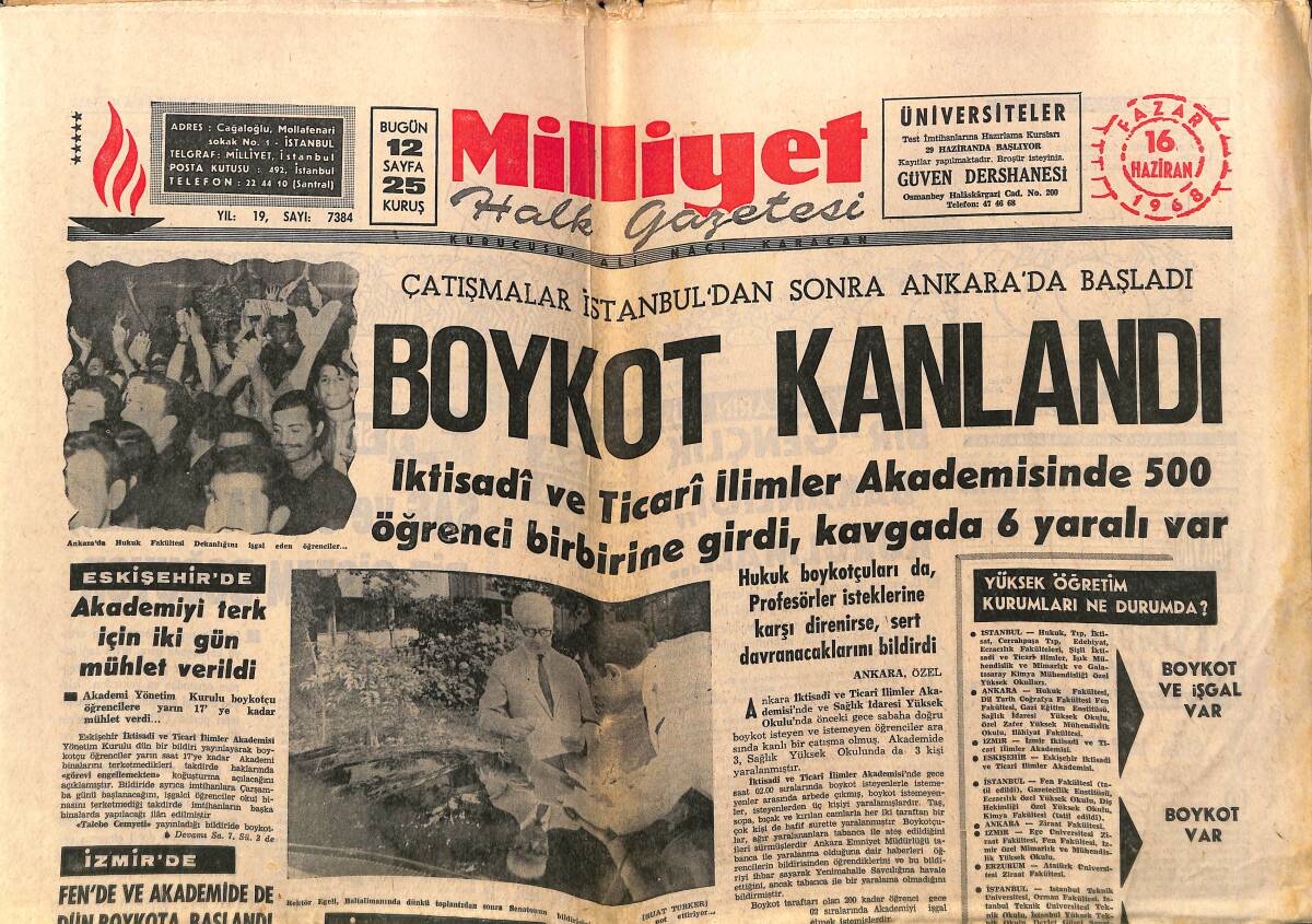Milliyet Gazetesi 16 Haziran 1968 - Çatışmalar İstanbul'dan Sonra Ankara'da Başladı - Gina Lollobrigida'yla Fotoğraf İçin Yarışıldı GZ140061 - 1